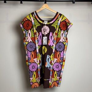 Hand-Embroidered Floral & Bird Tunic Mini Dress Brown with Multicolor Stitching